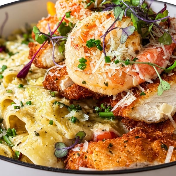 Creamy pasta dish with fried chicken, shrimp, cherry tomatoes, and fresh herbs in a white bowl.