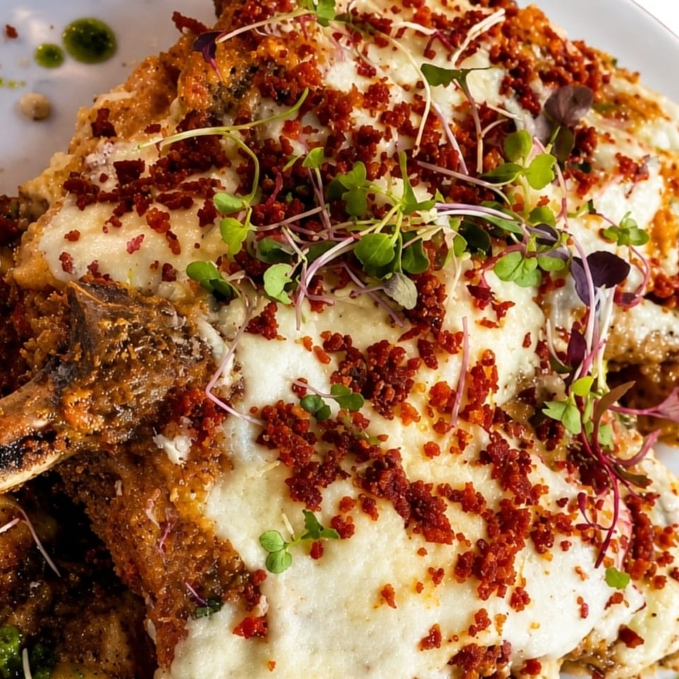 Two bone-in pork chops covered in melted cheese, bacon bits, and microgreens, with green sauce.