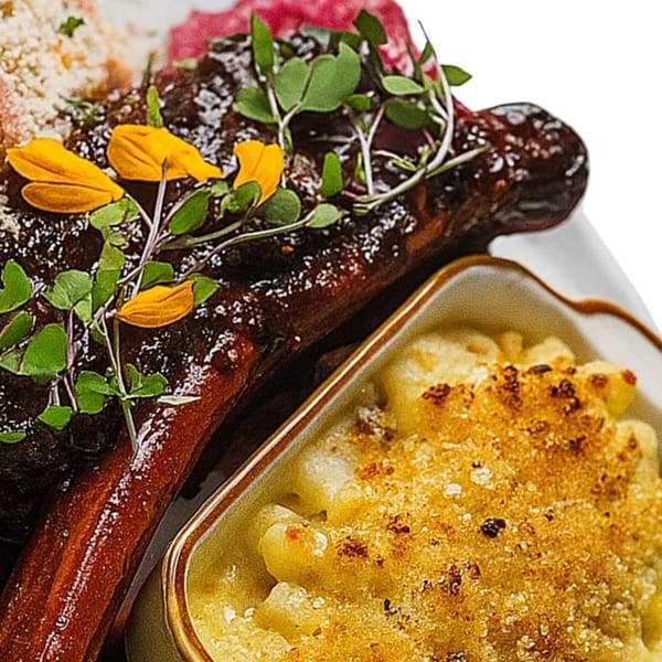 Close-up of glazed ribs with mac and cheese, garnished with microgreens and yellow flowers.