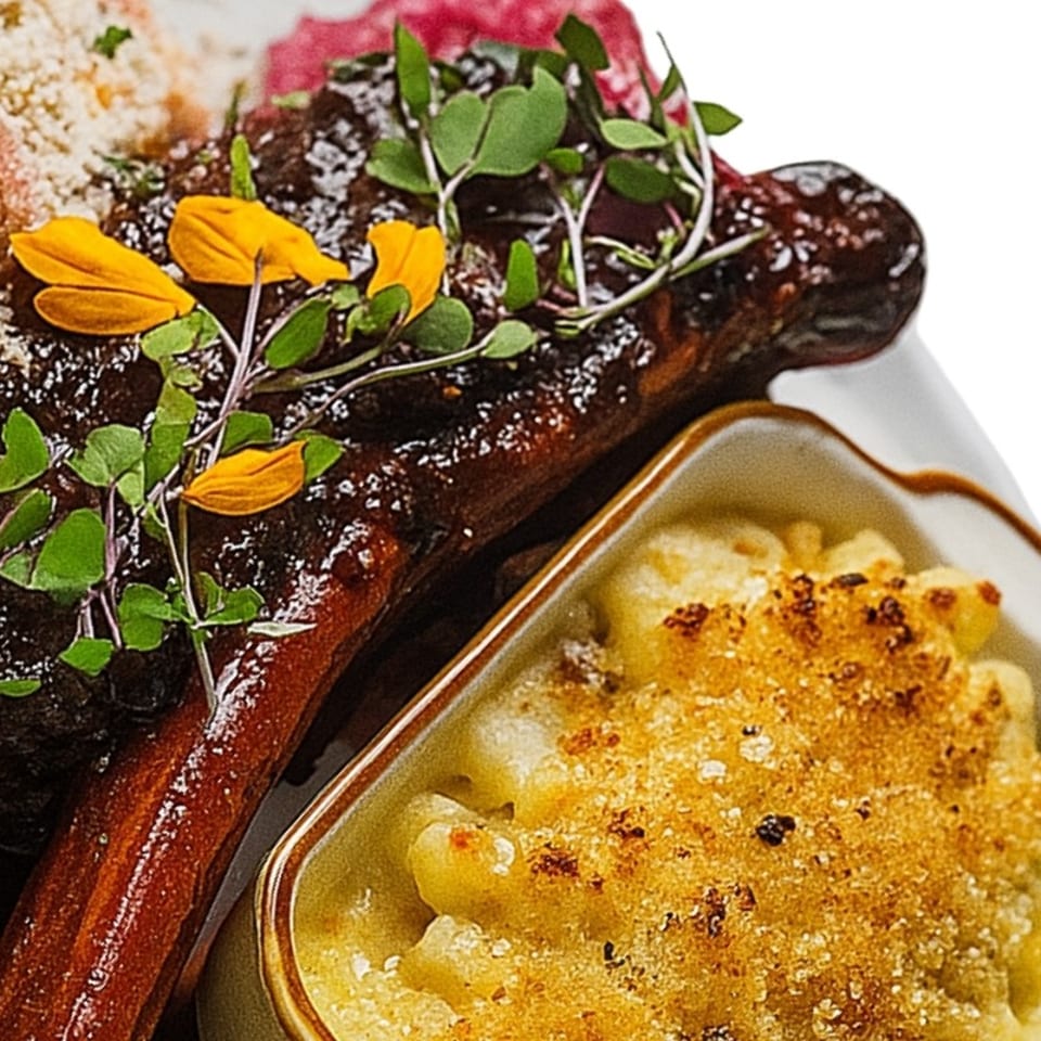 Close-up of glazed ribs with mac and cheese, garnished with microgreens and yellow flowers.
