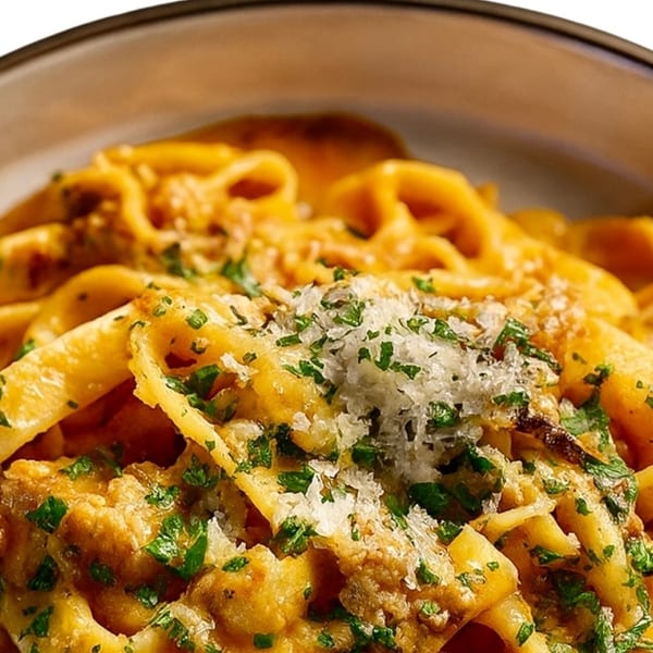 Close-up of tagliatelle pasta with a creamy sauce, ground meat, fresh parsley, and grated cheese.