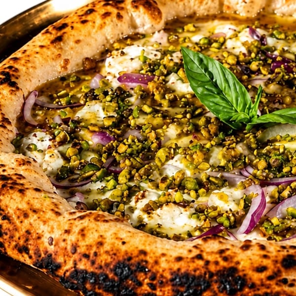 Close-up of a pizza with a golden crust, topped with pistachios, red onions, cheese, and basil.