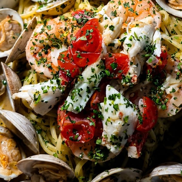 Close-up of seafood pasta with clams, shrimp, crab, cherry tomatoes, and parsley.