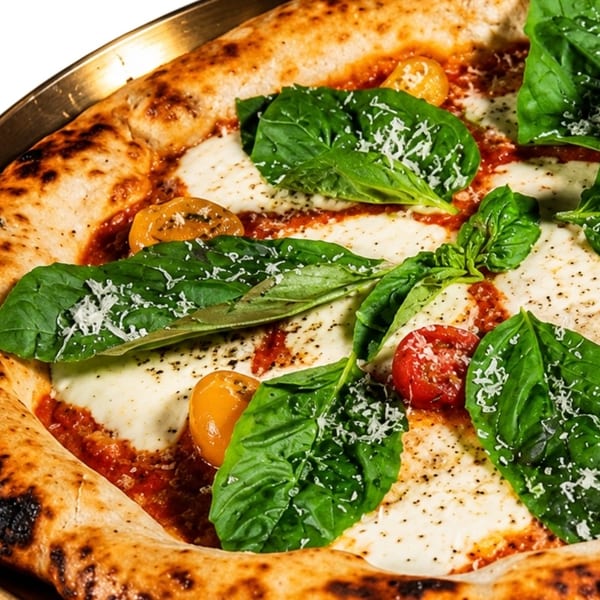 Close-up of a pizza with melted mozzarella, fresh basil, cherry tomatoes, and grated cheese.