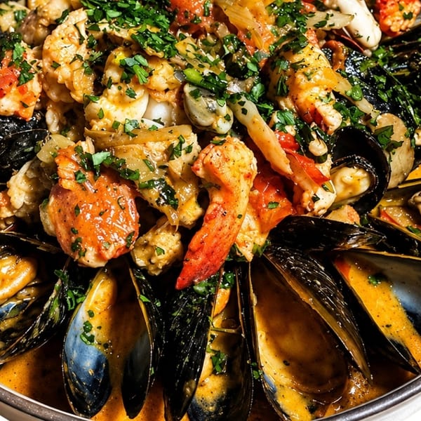 Close-up of mussels and seafood in a rich orange sauce, garnished with fresh parsley.