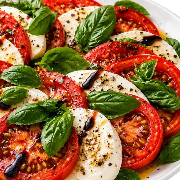 Caprese salad with sliced tomatoes, mozzarella, fresh basil, olive oil, and balsamic glaze.