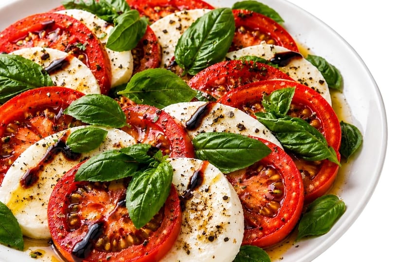Caprese salad with sliced tomatoes, mozzarella, fresh basil, olive oil, and balsamic glaze.