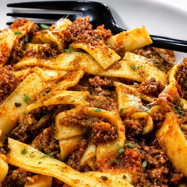 Close-up of pappardelle pasta with rich bolognese sauce, parmesan, and a black fork.