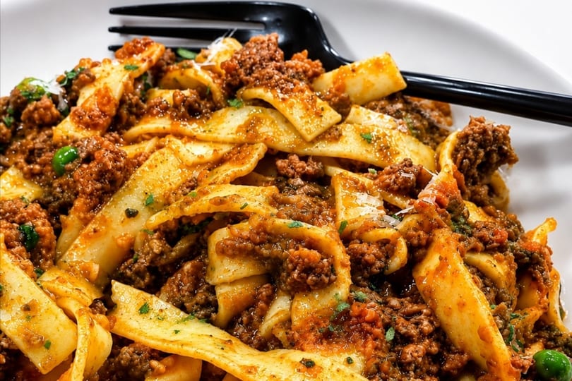 Close-up of pappardelle pasta with rich bolognese sauce, parmesan, and a black fork.