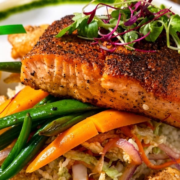 Blackened salmon fillet with green beans, carrots, and coleslaw, garnished with microgreens.