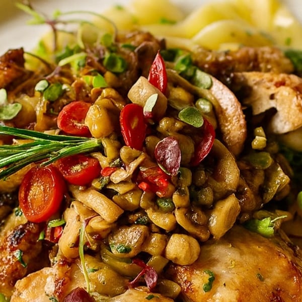 Close-up of pasta with chicken, mushrooms, cherry tomatoes, and rosemary on a white plate.