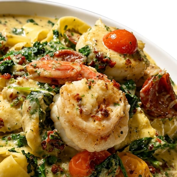 Creamy pasta dish with shrimp, cherry tomatoes, and spinach in a white bowl.