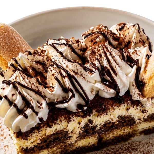 A slice of tiramisu with whipped cream, chocolate drizzle, cocoa powder, and ladyfingers.