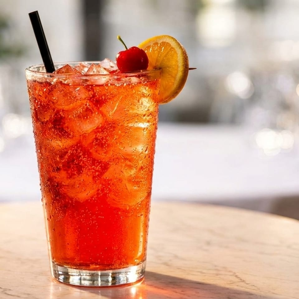 A vibrant orange cocktail with ice, a black straw, cherry, and orange slice on a marble table.