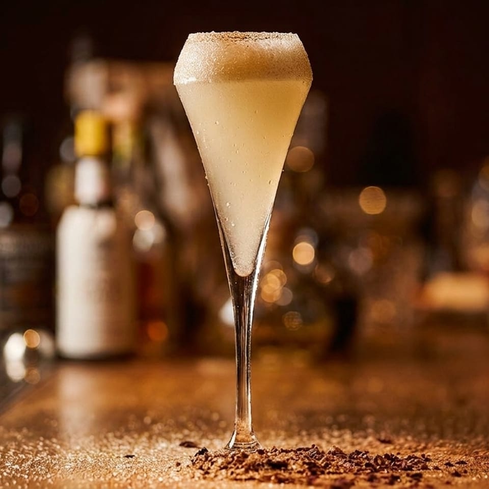 A tall, elegant cocktail glass with a foamy, light-colored drink and a sugared rim.
