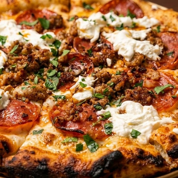 Close-up of a pizza with pepperoni, sausage, dollops of ricotta cheese, and fresh herbs.