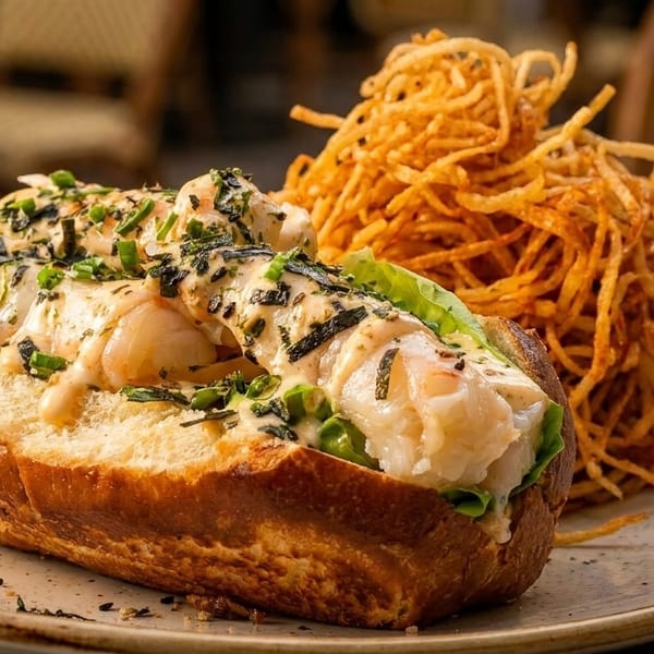 A lobster roll with sauce and herbs, served with a side of crispy shoestring fries on a plate.