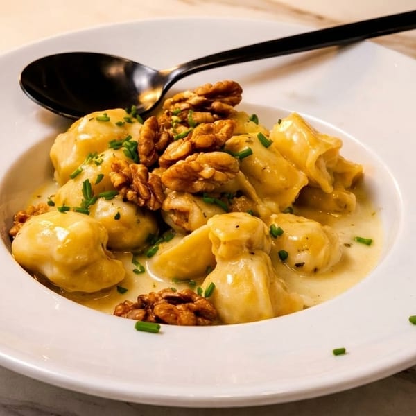 Creamy pasta dish with walnuts and chives in a white bowl with a black spoon.