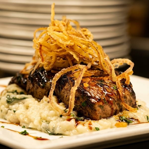 Grilled steak with crispy fried onions on a bed of creamy risotto, garnished with herbs.