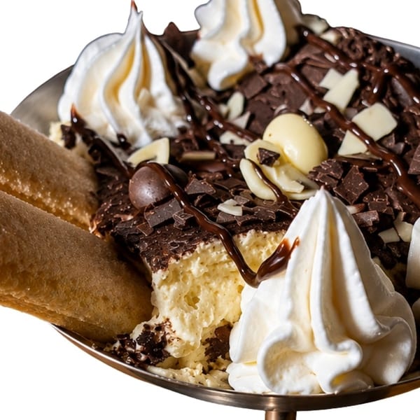 Tiramisu dessert with ladyfingers, whipped cream, chocolate shavings, and chocolate drizzle in a bowl.