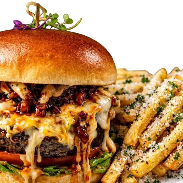 Gourmet burger with melted cheese, bacon, and a side of parmesan truffle fries.