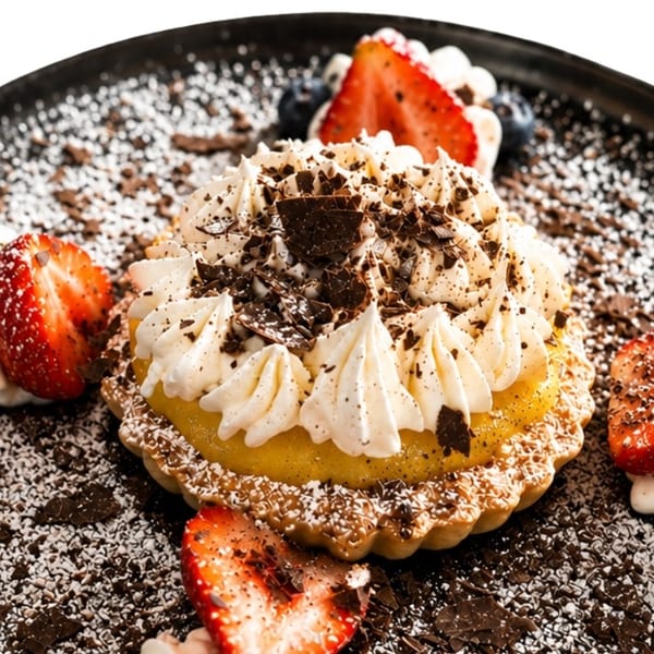 A lemon tart with whipped cream, chocolate shavings, and fresh berries on a dark plate.
